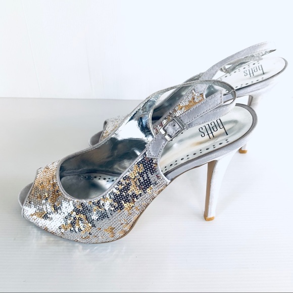 Betts Casino Silver Gold Sequin Peep Toe Slingback - Picture 7 of 16